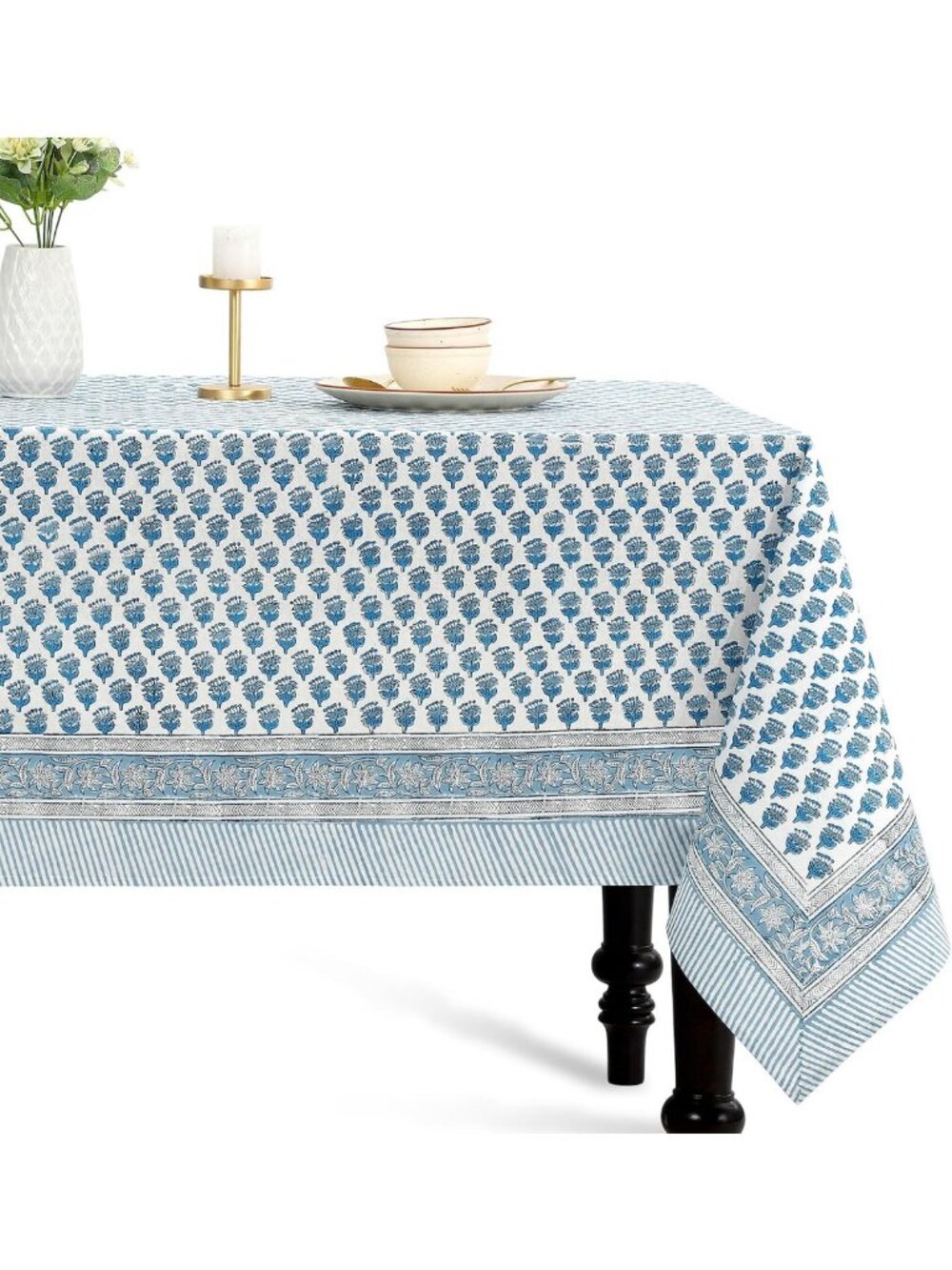 100% Cotton Blue Apatite Block Print Square Tablecloth 60x60 Inch - Home Decor